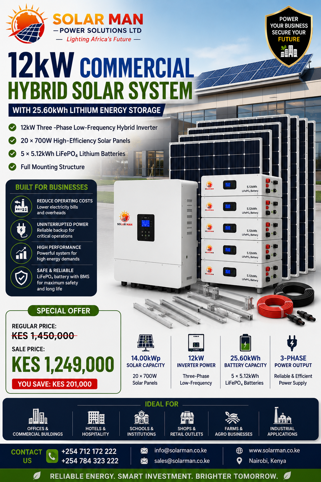 12kW Commercial Hybrid Solar System with 25.60kWh Lithium Energy Storage
