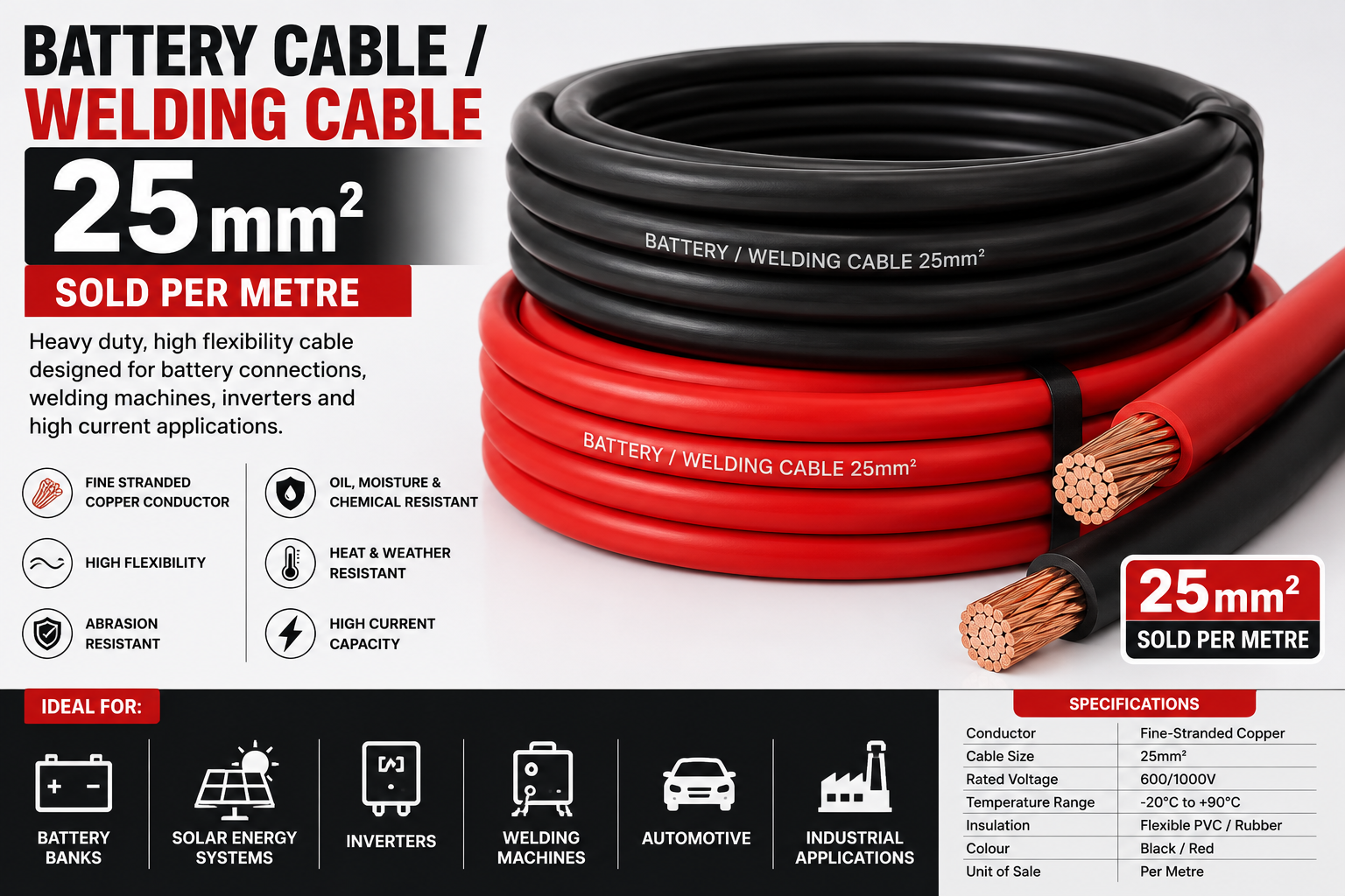 Battery Cable / Welding Cable 25mm² – Heavy Duty