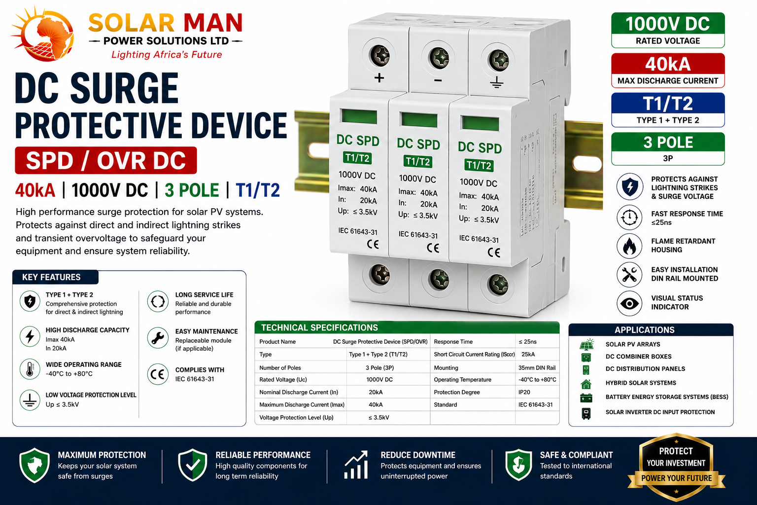 DC Surge Protection Device (SPD/OVR) – 40kA, 1000V DC, 3 Pole (T1/T2)