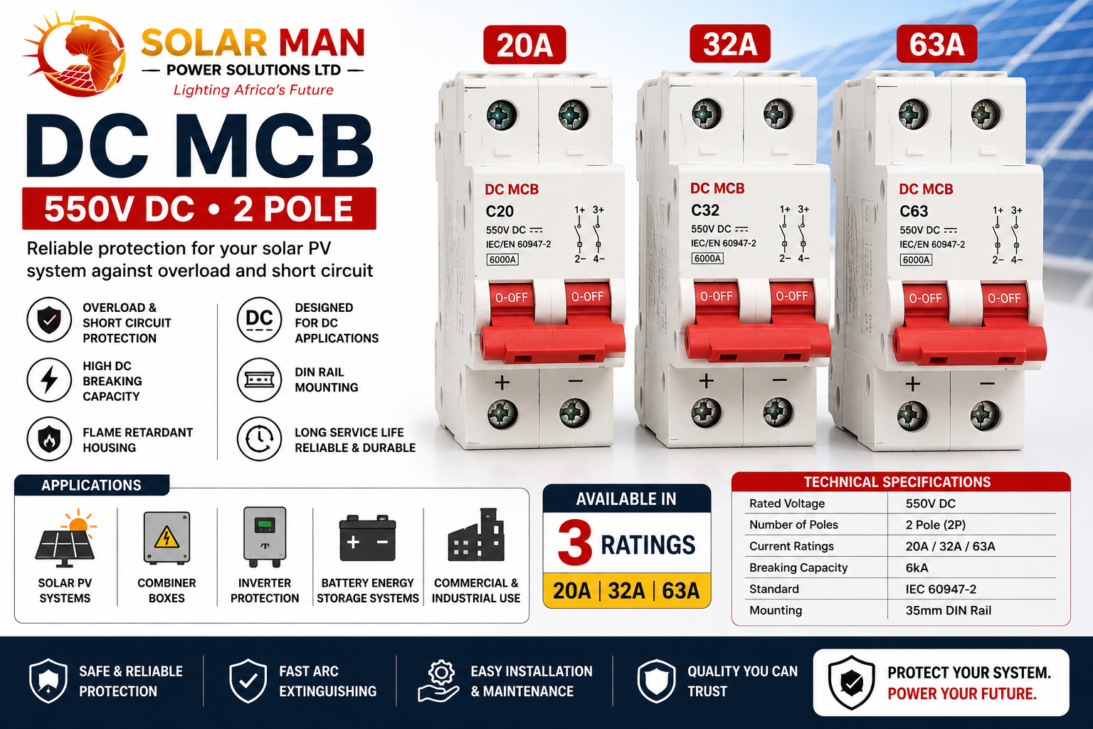 Dc mcb 20amp,32amp,63amp 550vdc,2pole