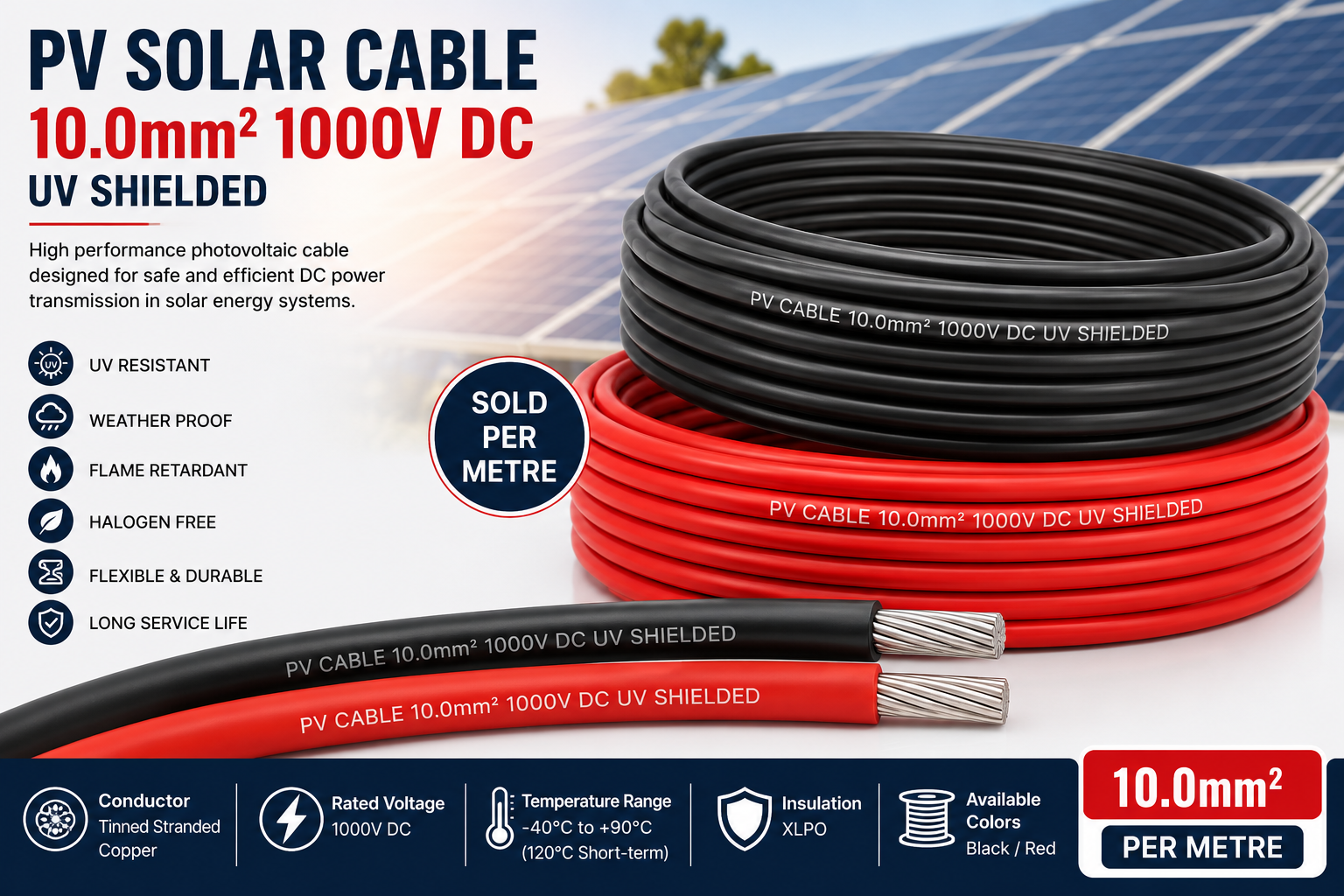 PV Solar Cable 10.0mm² – 1000V DC UV Shielded