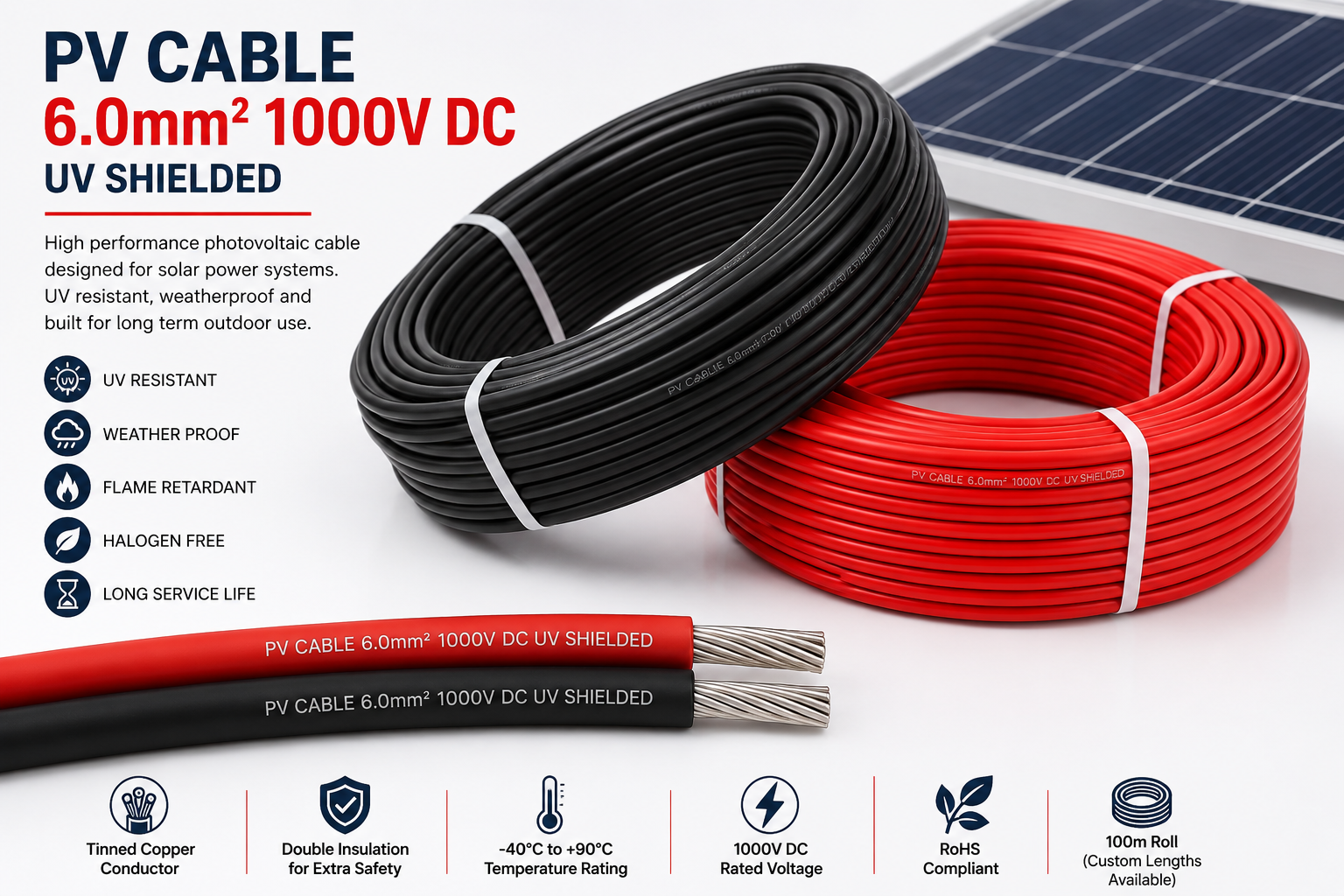 PV Solar Cable 6.0mm² – 1000V DC UV Shielded