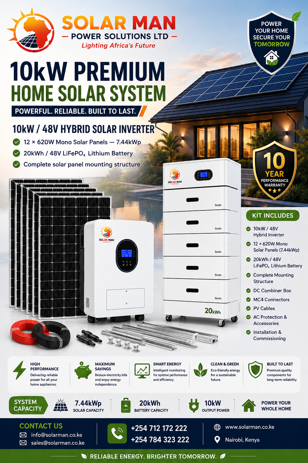 10kW Executive Home Solar System – 20kWh Lithium Battery