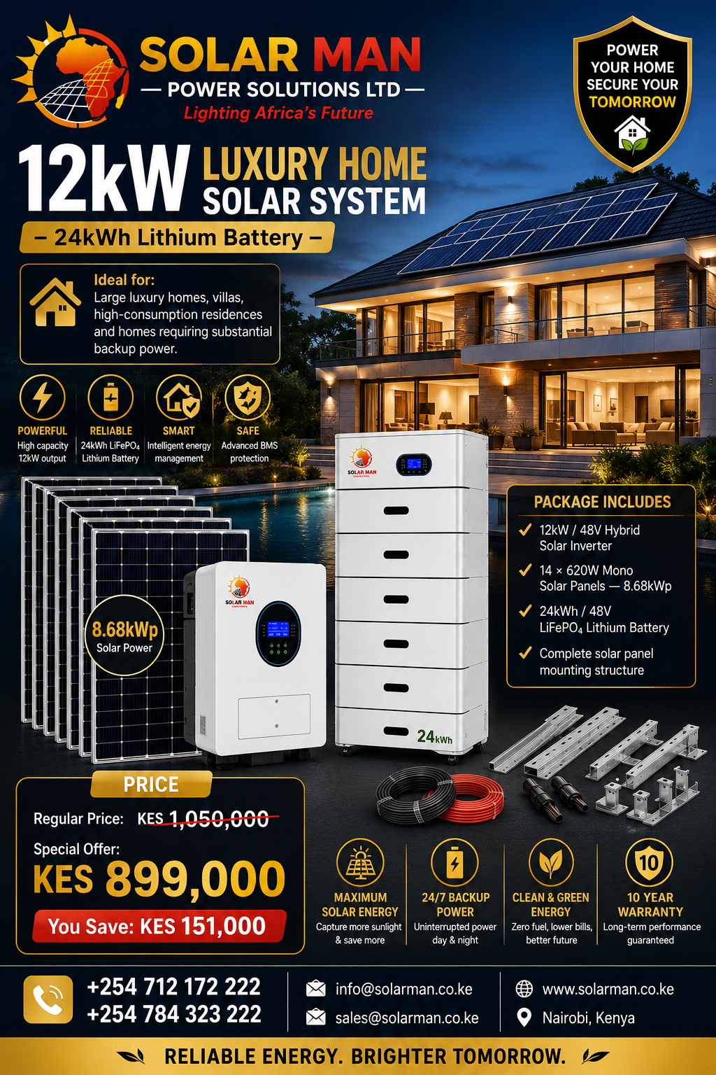 12kW Luxury Home Solar System – 24kWh Lithium Battery