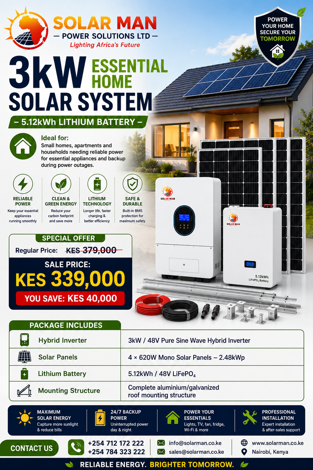 3kW Essential Home Solar System – 5.12kWh Lithium Battery