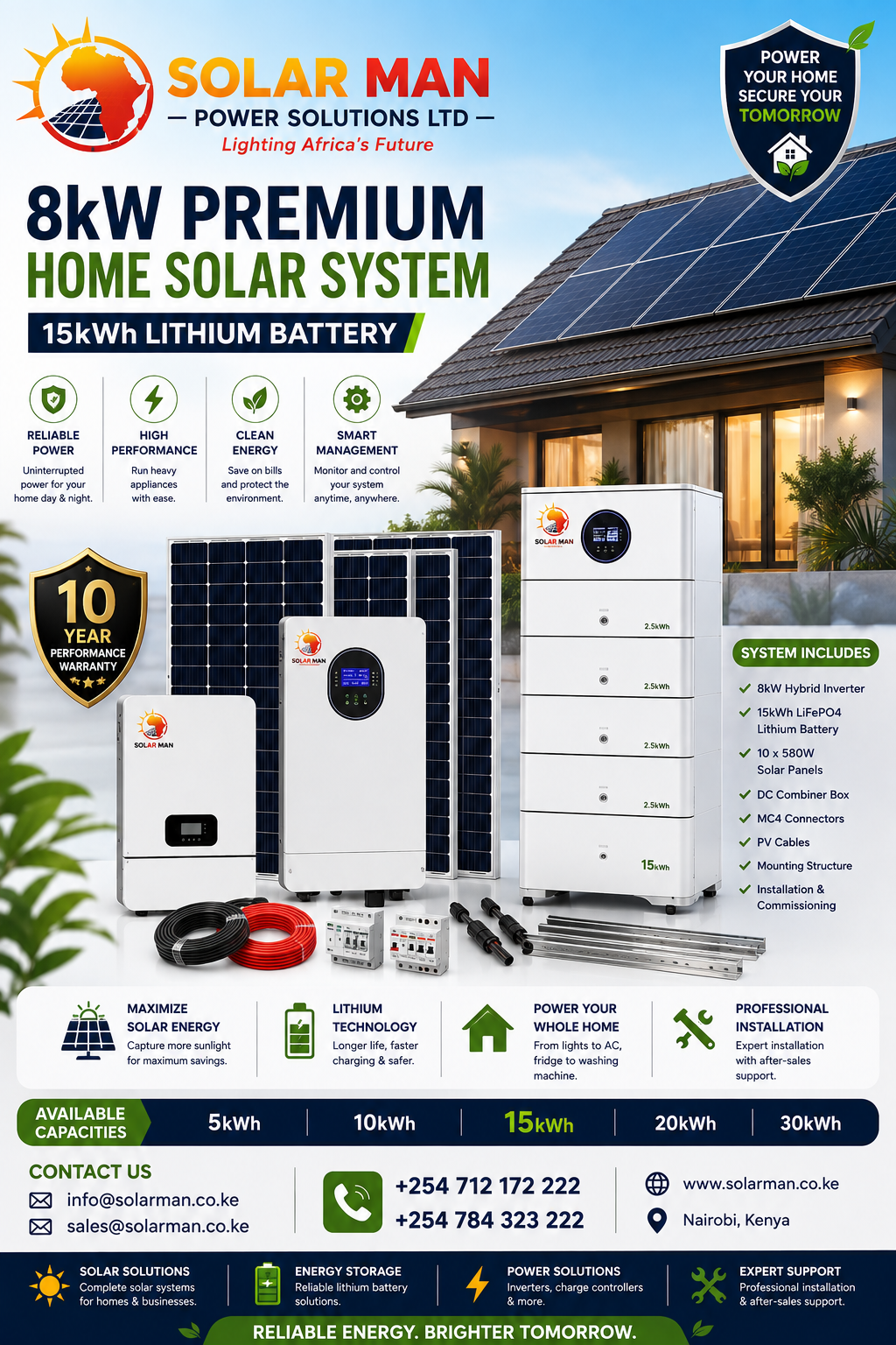8kW Premium Home Solar System – 15kWh Lithium Battery